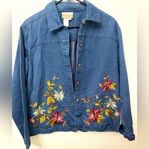Coldwater Creek Denim Embroidered Floral Button Down Collared Jacket Size Small